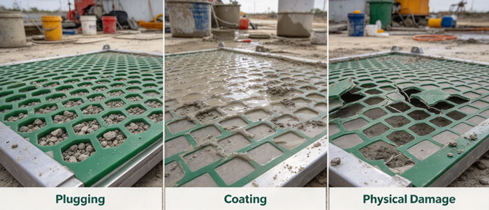 Shaker screen 3 failure types Plugging Coating Physical Damage