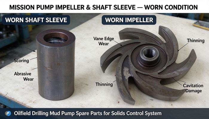 Worn Mission pump impeller and shaft sleeve showing centrifugal pump wear