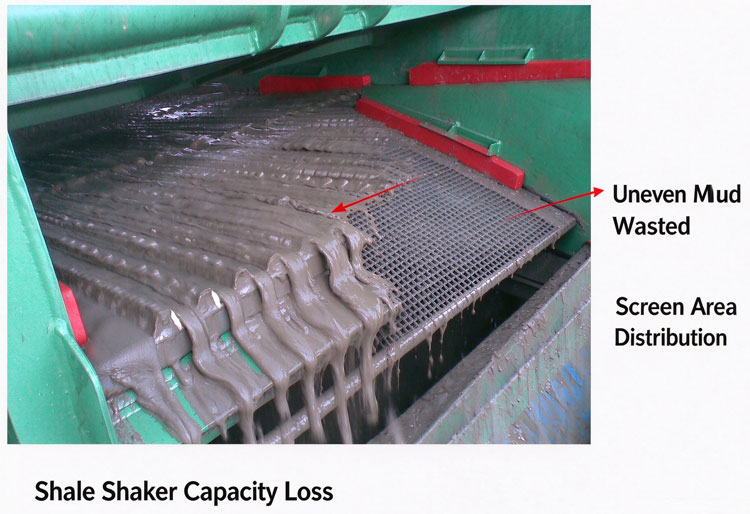 Uneven mud distribution across shale shaker screen deck causing capacity loss