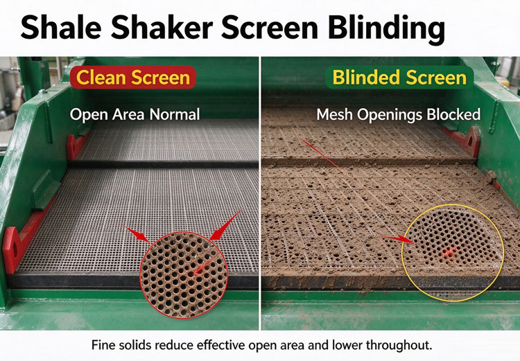 Shale shaker screen blinding caused by fine solids blocking mesh openings