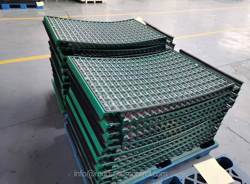 Stack of green corrugated shale shaker screens for multi-unit rig layout Stack of green corrugated shale shaker screens for multi-unit rig layout